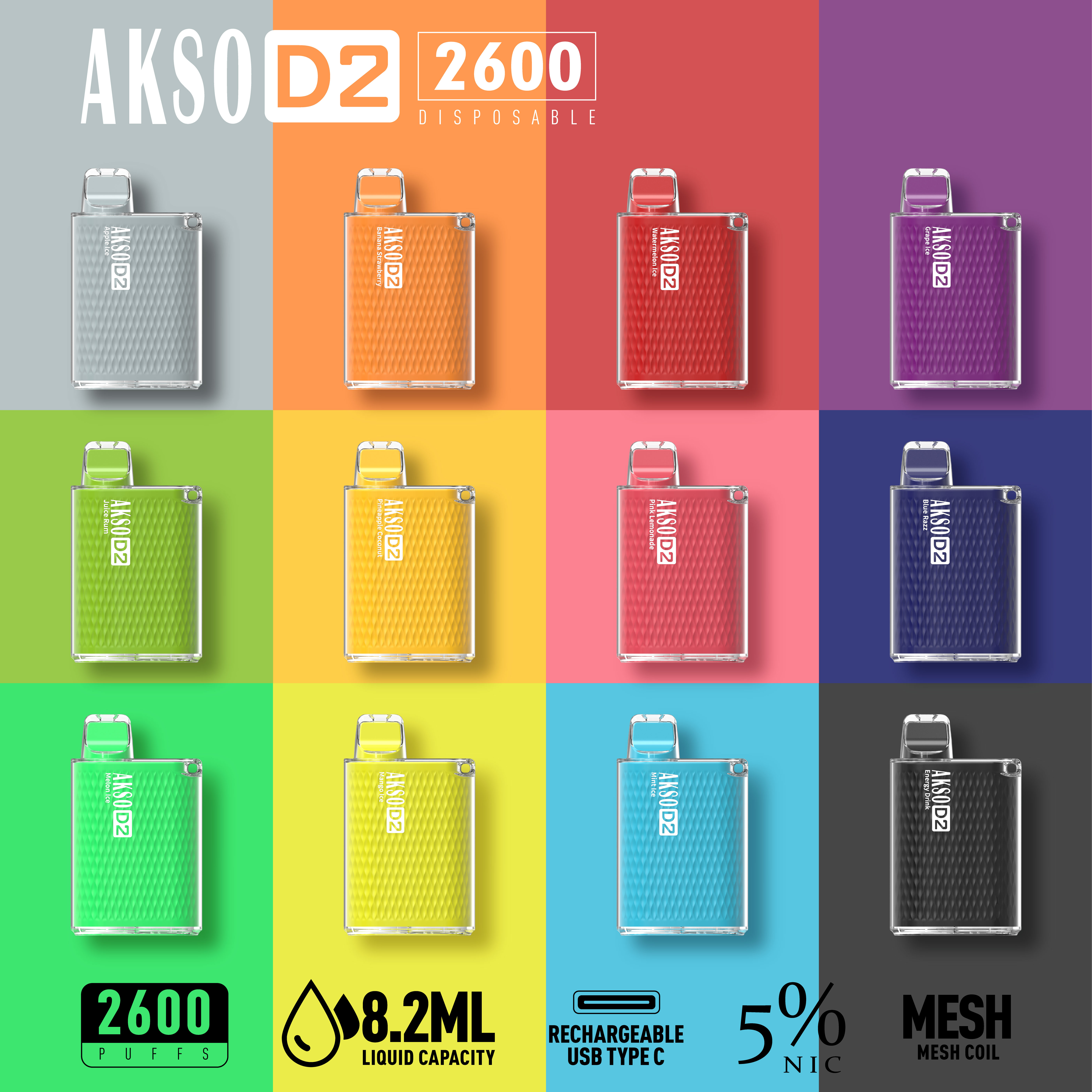 Boîte de vape jetable HCigar AKSO D2 650mAh (Rechargeable) 2600 bouffées