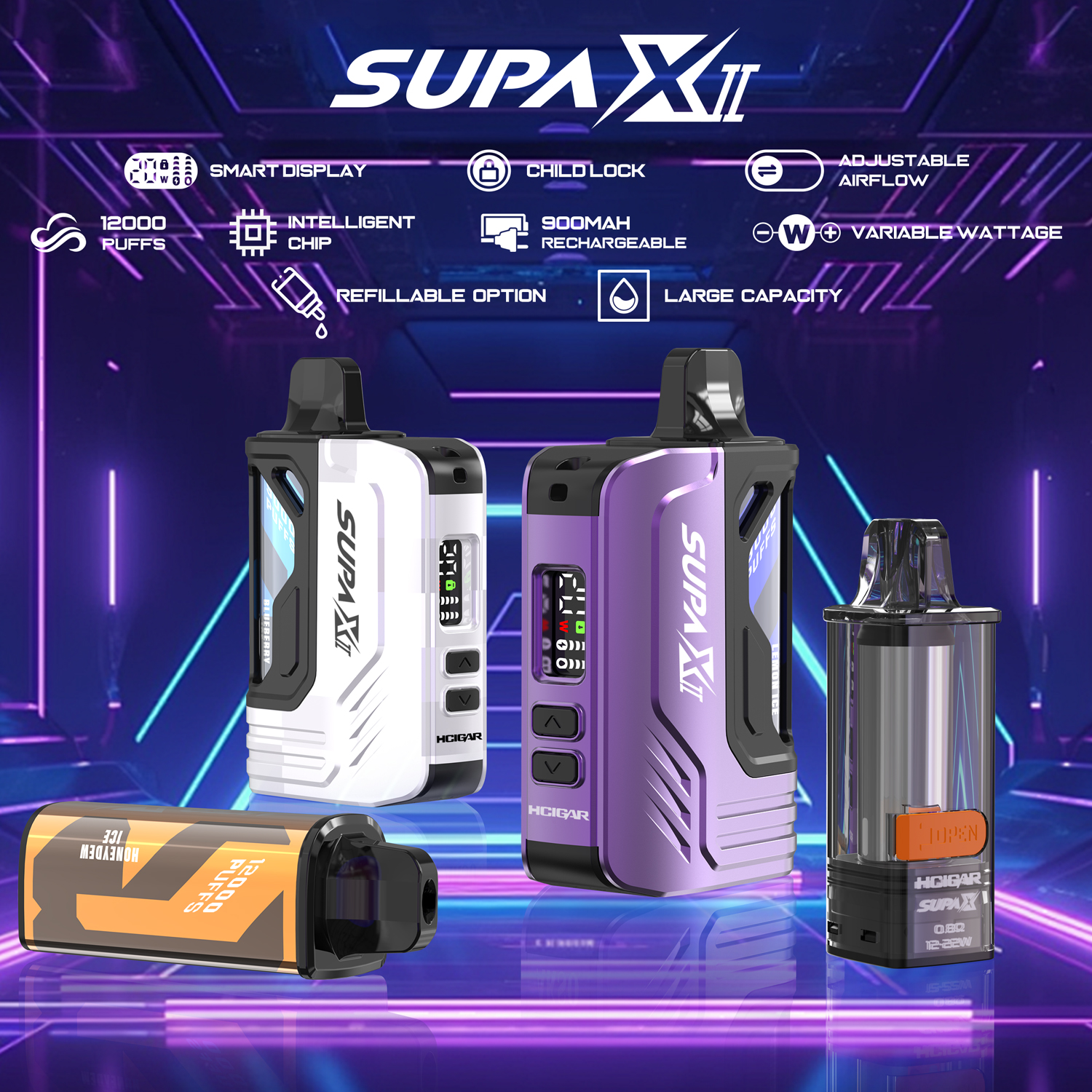 SUPA XII - Écran intelligent à puissance variable rechargeable pré-rempli compatible